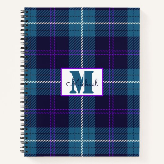 Celadon Blue-Dark Blue Pset Tartan Gepersonaliseer Notitieboek (Voorkant)