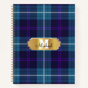 Celadon Blue Pset Tartan Golden Monogrammed Notitieboek