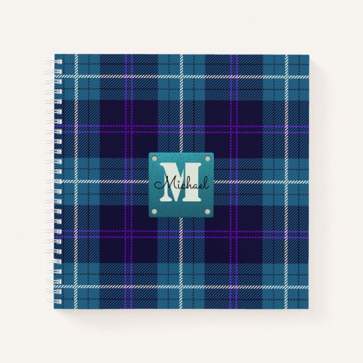 Celadon Blue Pset Tartan Leather Monogrammed Notitieboek (Voorkant)