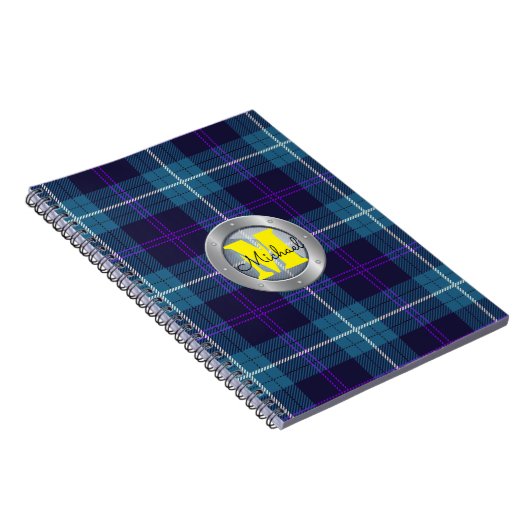 Celadon Blue Pset Tartan Metallic Steel Monogram Notitieboek (Rechterzijde)
