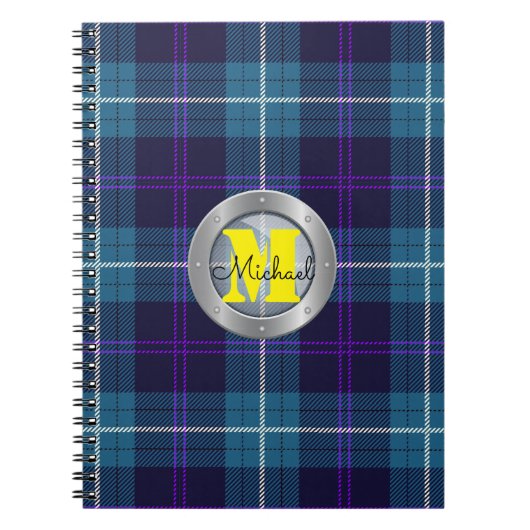Celadon Blue Pset Tartan Metallic Steel Monogram Notitieboek (Voorkant)