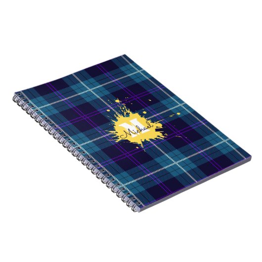 Celadon Blue Pset Tartan Yellow Splash Monogram Notitieboek (Rechterzijde)