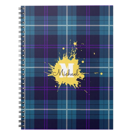 Celadon Blue Pset Tartan Yellow Splash Monogram Notitieboek (Voorkant)