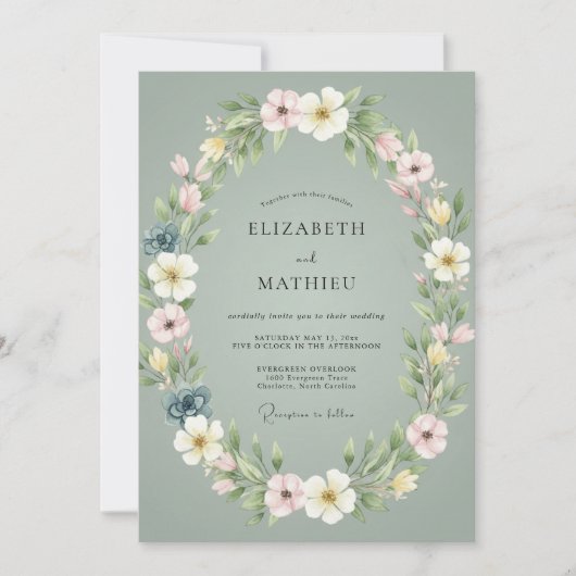 Celadon Blush Wreath Bruiloft Kaart (Voorkant)
