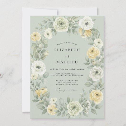 Celadon Botergele Ranunculus Eucalyptus Bruiloft Kaart (Voorkant)