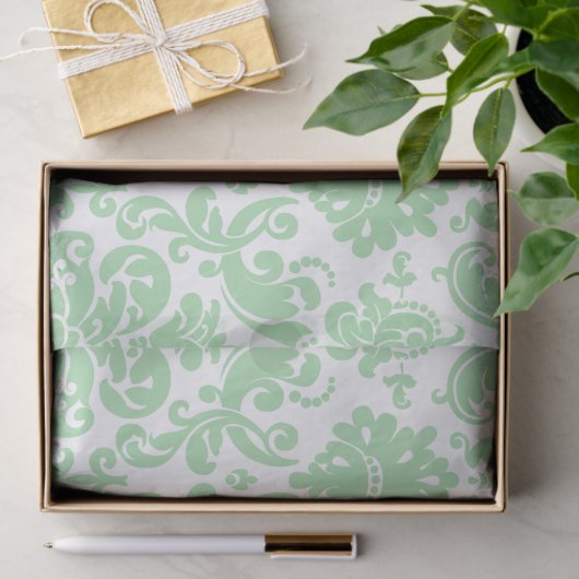 Celadon en White Elegant Damask Pattern Tissuepapier (Geschenk)