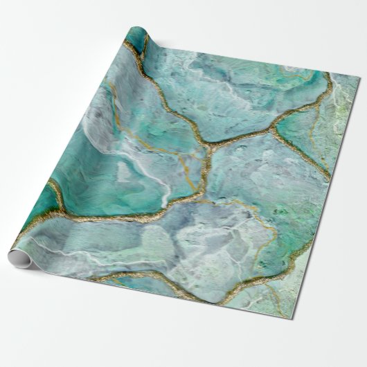 Celadon Green, Jade, Mint Kintsugi Geode Cadeaupapier (Uitgerold)