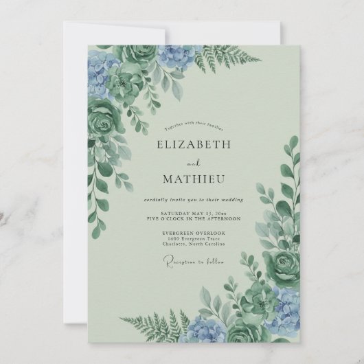 Celadon Korenbloem Loof Eucalyptus Bruiloft Kaart (Voorkant)
