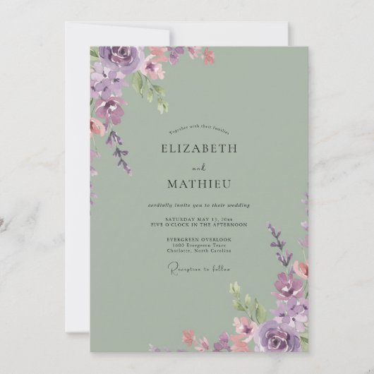 Celadon Lavendel Loofwerk Eucalyptus Bruiloft Kaart (Voorkant)