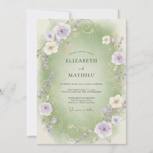 Celadon lila ranunculus eucalyptus bruiloft kaart (Voorkant)