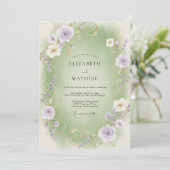 Celadon lila ranunculus eucalyptus bruiloft kaart (Staand voorkant)