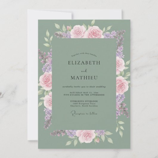 Celadon Lila Roze Bruiloft Kaart (Voorkant)