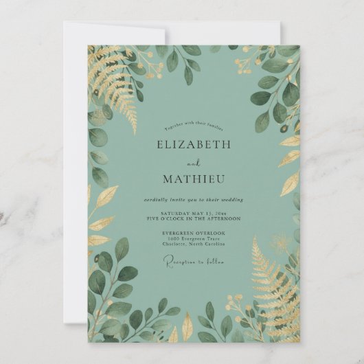 Celadon Loofwerk Gouden Eucalyptus Bruiloft Kaart (Voorkant)