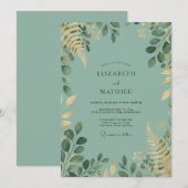 Celadon Loofwerk Gouden Eucalyptus Bruiloft Kaart (Voorkant / Achterkant)
