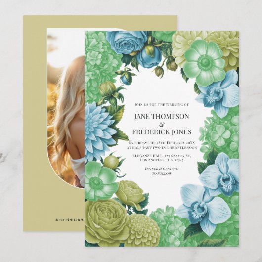 Celadon Mist, Soft Fern & Porcelain Blue Trouwkaar Kaart (Voorkant / Achterkant)