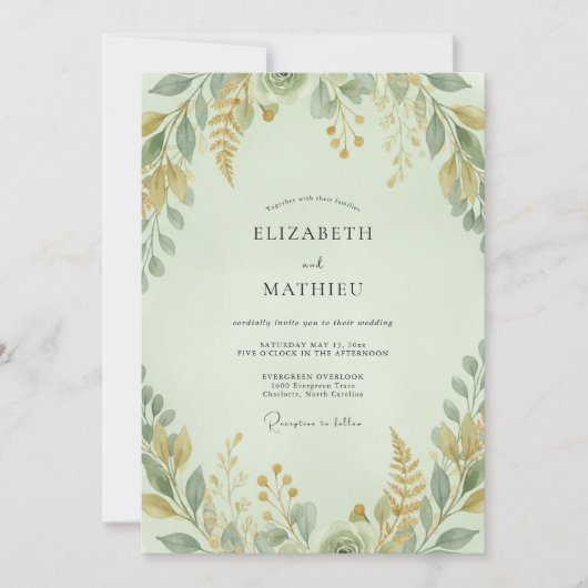 Celadon Oker Loofwerk Eucalyptus Bruiloft Kaart (Voorkant)