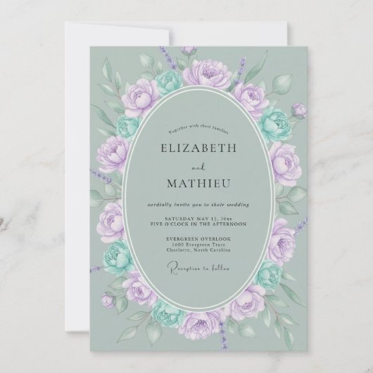Celadon Paarse Boeket Eucalyptus Bruiloft Kaart (Voorkant)