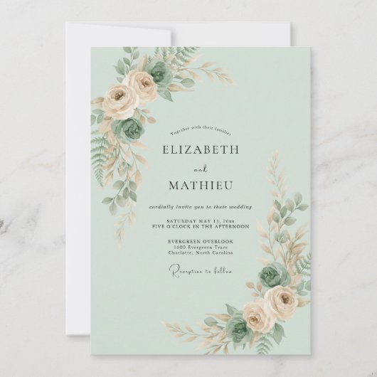 Celadon Perzik Ranunculus Eucalyptus Bruiloft Kaart (Voorkant)