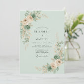 Celadon Perzik Ranunculus Eucalyptus Bruiloft Kaart (Staand voorkant)
