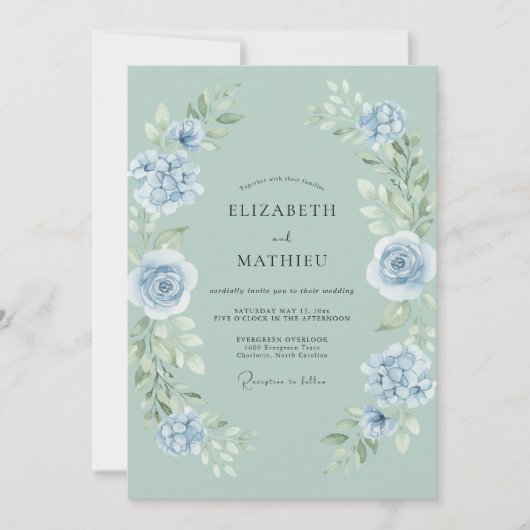 Celadon Poeder Blauwe Roos Bruiloft Kaart (Voorkant)