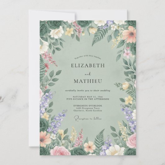 Celadon Weide Wildbloemen Bruiloft Kaart (Voorkant)