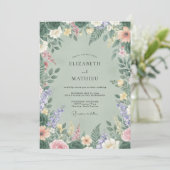 Celadon Weide Wildbloemen Bruiloft Kaart (Staand voorkant)