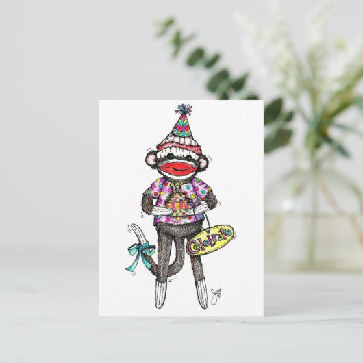 CELEBRAAT! Sock Monkey Briefkaart (Staand voorkant)