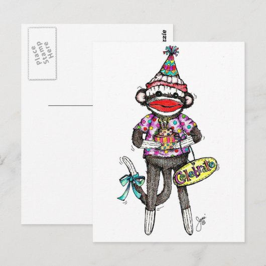 CELEBRAAT! Sock Monkey Briefkaart (Voorkant / Achterkant)