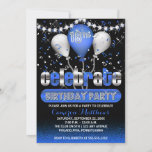 Celebrate Balloons Confetti 18e verjaardag Kaart<br><div class="desc">Blauwe en zilveren toon "Celebrate" Aanvragen van de Birthday Party met een dubbele blik op ruitvormige lampen, ballonnen en confetti. Het enige dat nodig is, is je details om een gedenkwaardige viering uit te nodigen. Originele illustratie en ontwerp door Holiday Hearts Design (alle gereserveerde rechten). Als je hulp nodig hebt...</div>