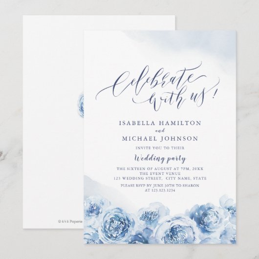 Celebrate with us! kalligrafie stoffig blauw flora kaart (Voorkant / Achterkant)