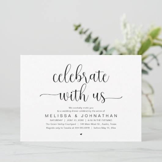 Celebrate With Us Modern Minimalist Wedding Dinner Kaart (Staand voorkant)