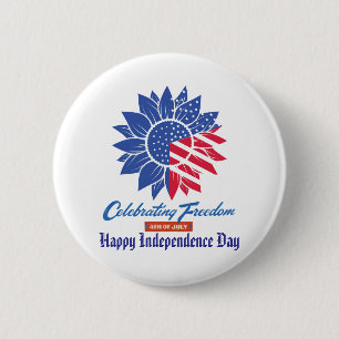 "Celebrating Freedom" Patriottische Zonnebloem Cus Ronde Button 5,7 Cm