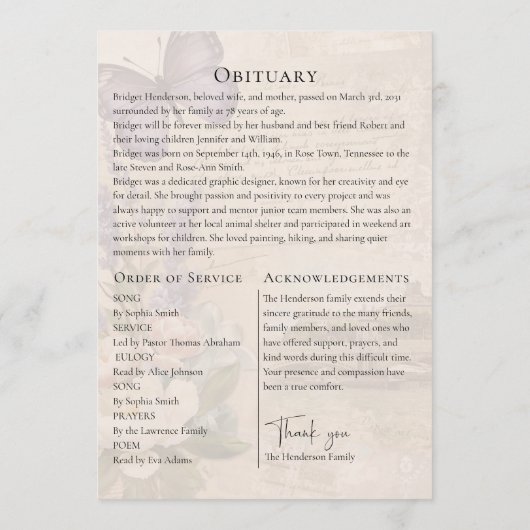 Celebrating Life Lavander Butterfly Photo Funeral Programmakaart (Achterkant)