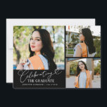Celebrating the Graduate Black Multi Photo Aankondiging<br><div class="desc">Modern and whimsical graduation announcement photo card featuring 3 photos on the front and 1 on the back. The text says "celebrating the graduate" in script font. Add the graduate's name,  information,  and message to personalize this card. Black.</div>
