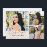 Celebrating the Graduate Cream Multi Photo Aankondiging<br><div class="desc">Modern and whimsical graduation announcement photo card featuring 3 photos on the front and 1 on the back. The text says "celebrating the graduate" in script font. Add the graduate's name,  information,  and message to personalize this card. Cream.</div>