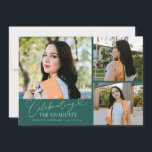 Celebrating the Graduate Green Multi Photo Aankondiging<br><div class="desc">Modern and whimsical graduation announcement photo card featuring 3 photos on the front and 1 on the back. The text says "celebrating the graduate" in script font. Add the graduate's name,  information,  and message to personalize this card. Green.</div>