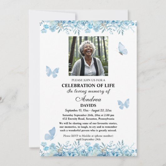 Celebration Of Life 1 Photo Funeral Blue Floral Kaart (Voorkant)