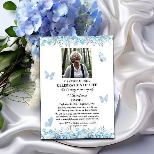 Celebration Of Life 1 Photo Funeral Blue Floral Kaart