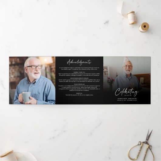 Celebration of Life 3-Photo Black & White Funeral Drieluik Programma (Buitenkant)