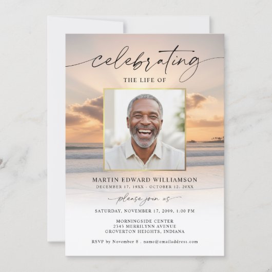Celebration of Life Beach Sunset Photo Invitation Kaart (Voorkant)