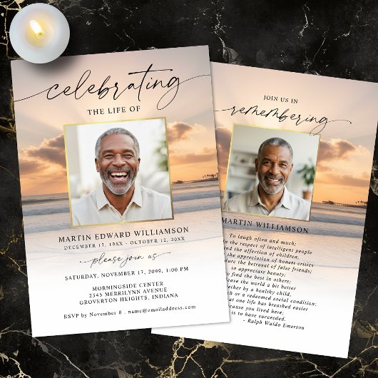 Celebration of Life Beach Sunset Photo Invitation Kaart