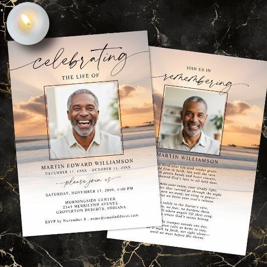 Celebration of Life Beach Sunset Photo Invitation Kaart