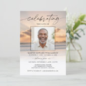 Celebration of Life Beach Sunset Photo Invitation Kaart (Staand voorkant)