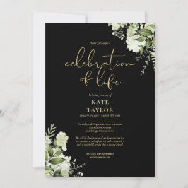 Celebration of Life Greenery Floral Black And Gold Kaart