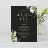 Celebration of Life Greenery Floral Black And Gold Kaart (Staand voorkant)