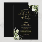 Celebration of Life Greenery Floral Black And Gold Kaart (Voorkant / Achterkant)