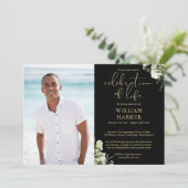 Celebration of Life Greenery Photo Black And Gold Kaart (Staand voorkant)