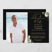 Celebration of Life Greenery Photo Black And Gold Kaart (Voorkant / Achterkant)