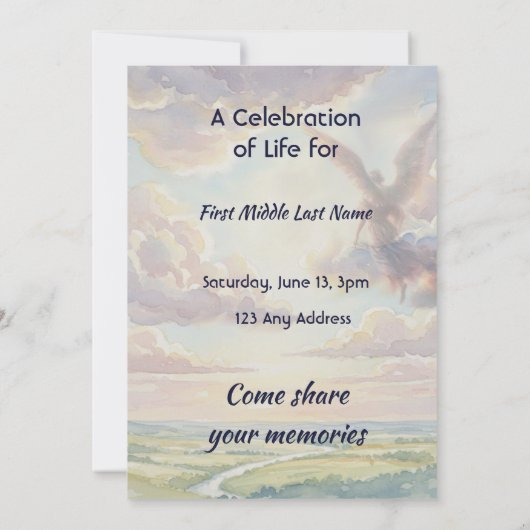 Celebration of Life Invite Angel Sky Clouds Kaart (Achterkant)