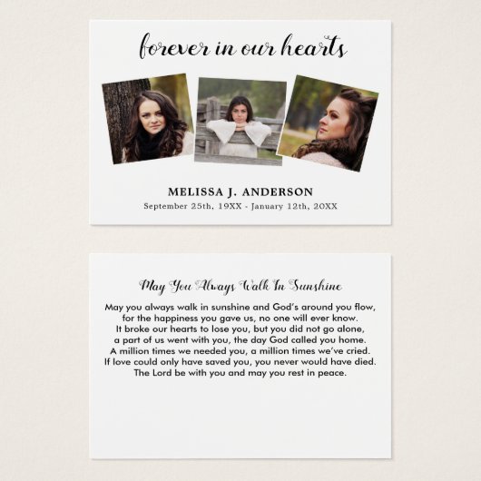 Celebration of Life Memorial 3 Foto Gebed Kaarten Visitekaartje (Voorkant /achterkant)